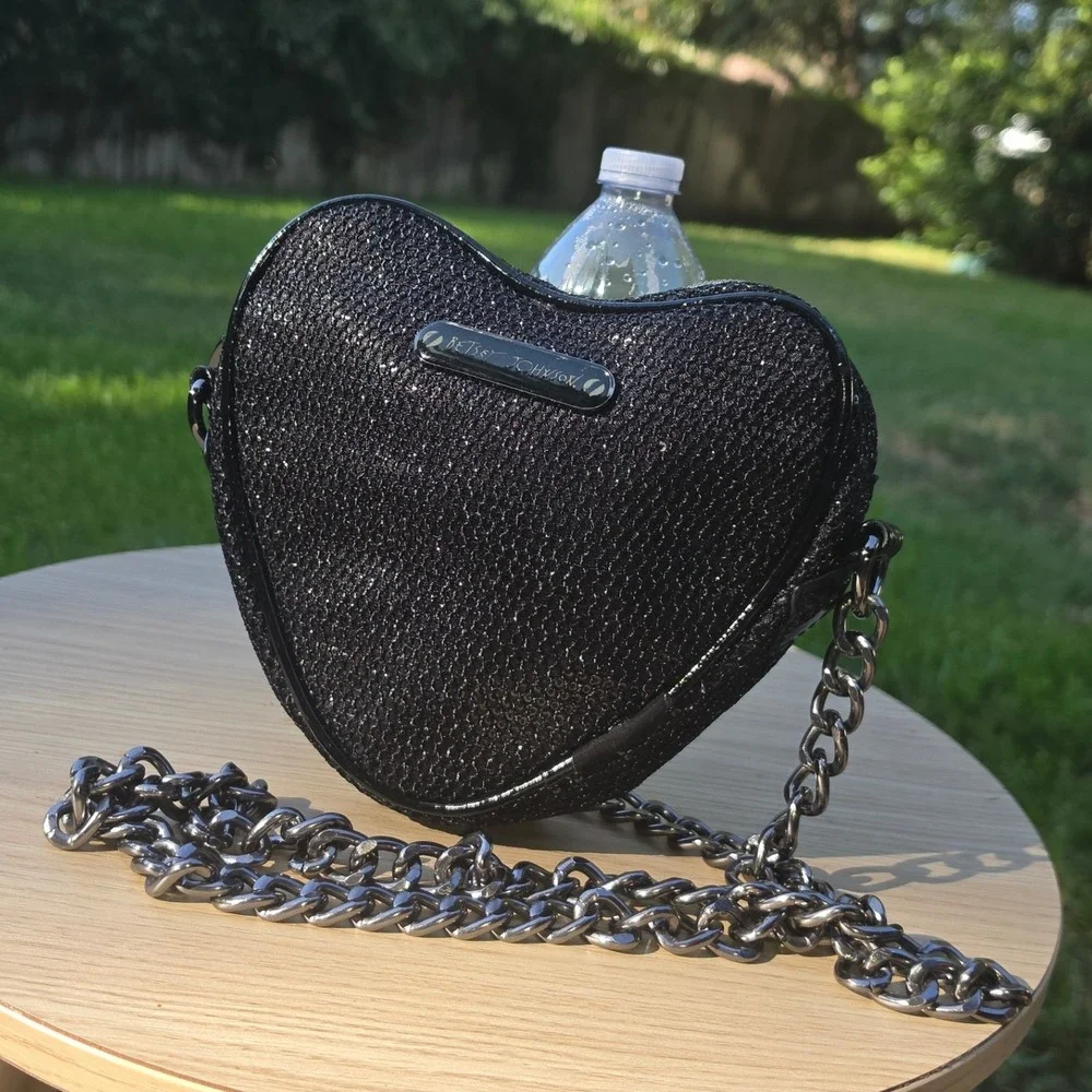 Betsey Johnson Black Sequin Heart Crossbody Bag Gunmetal Chain Strap